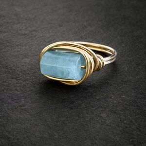 Gold Wire Wrapped Aquamarine Statement Ring - Blue Gemstone Ring